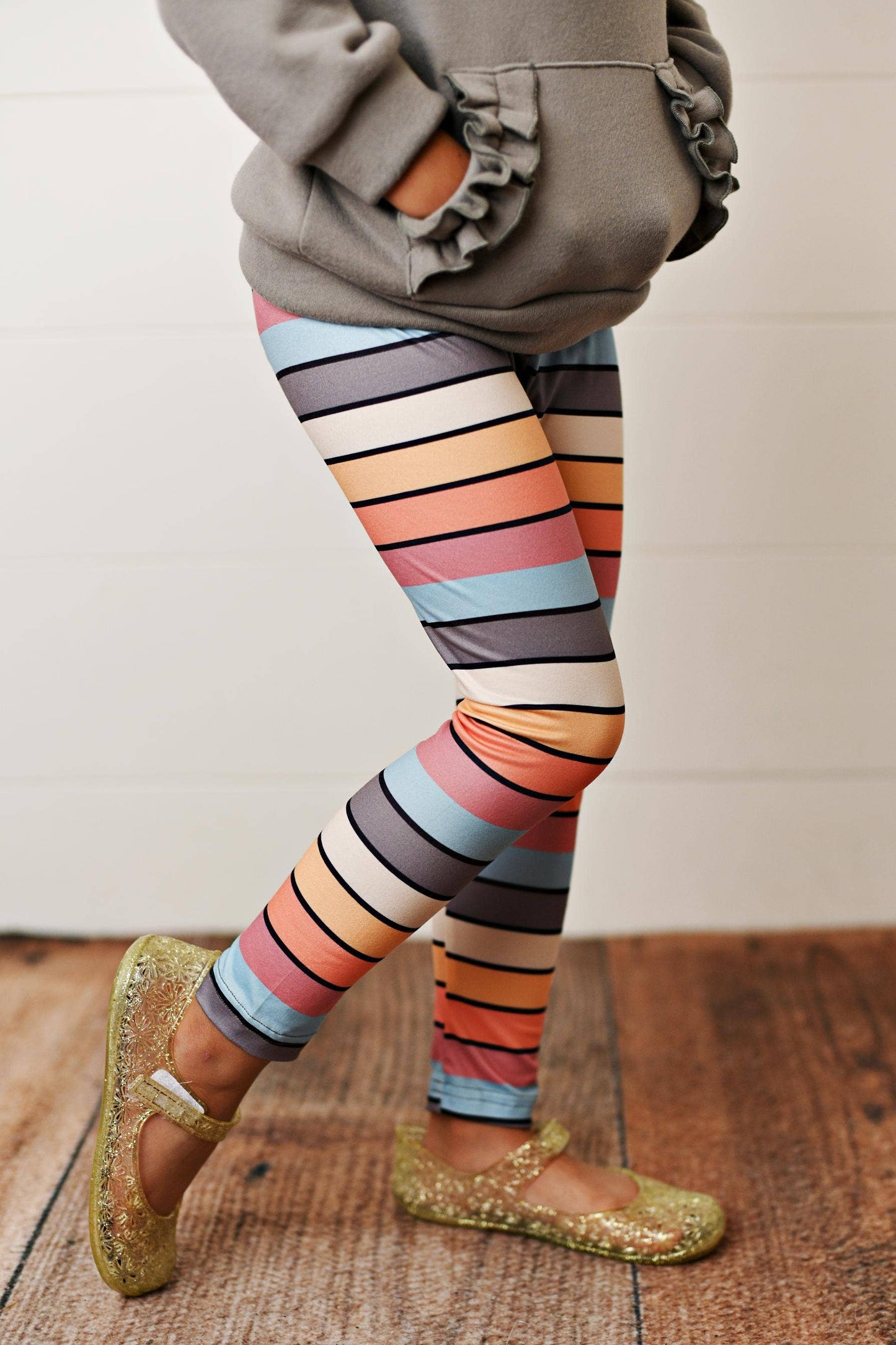 Kids Gray Ruffle Hoodie and Rainbow Stripe Leggings Fall Set