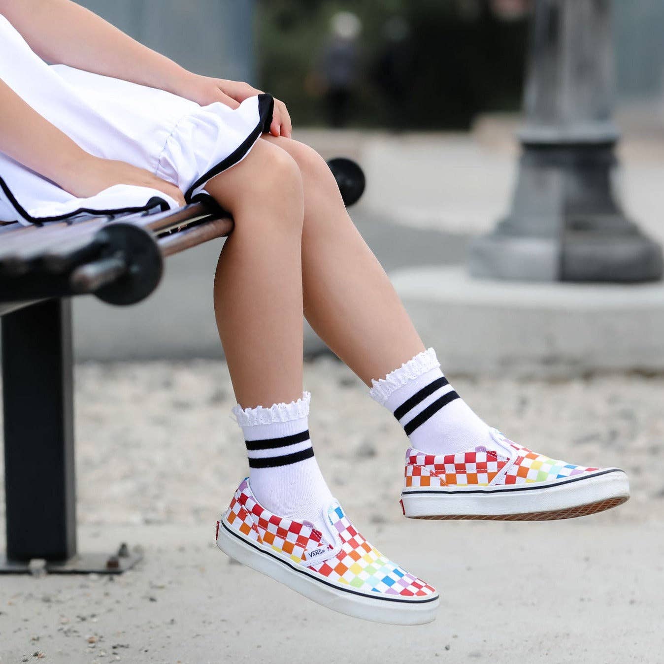 White/Black Striped Lace Midi Sock