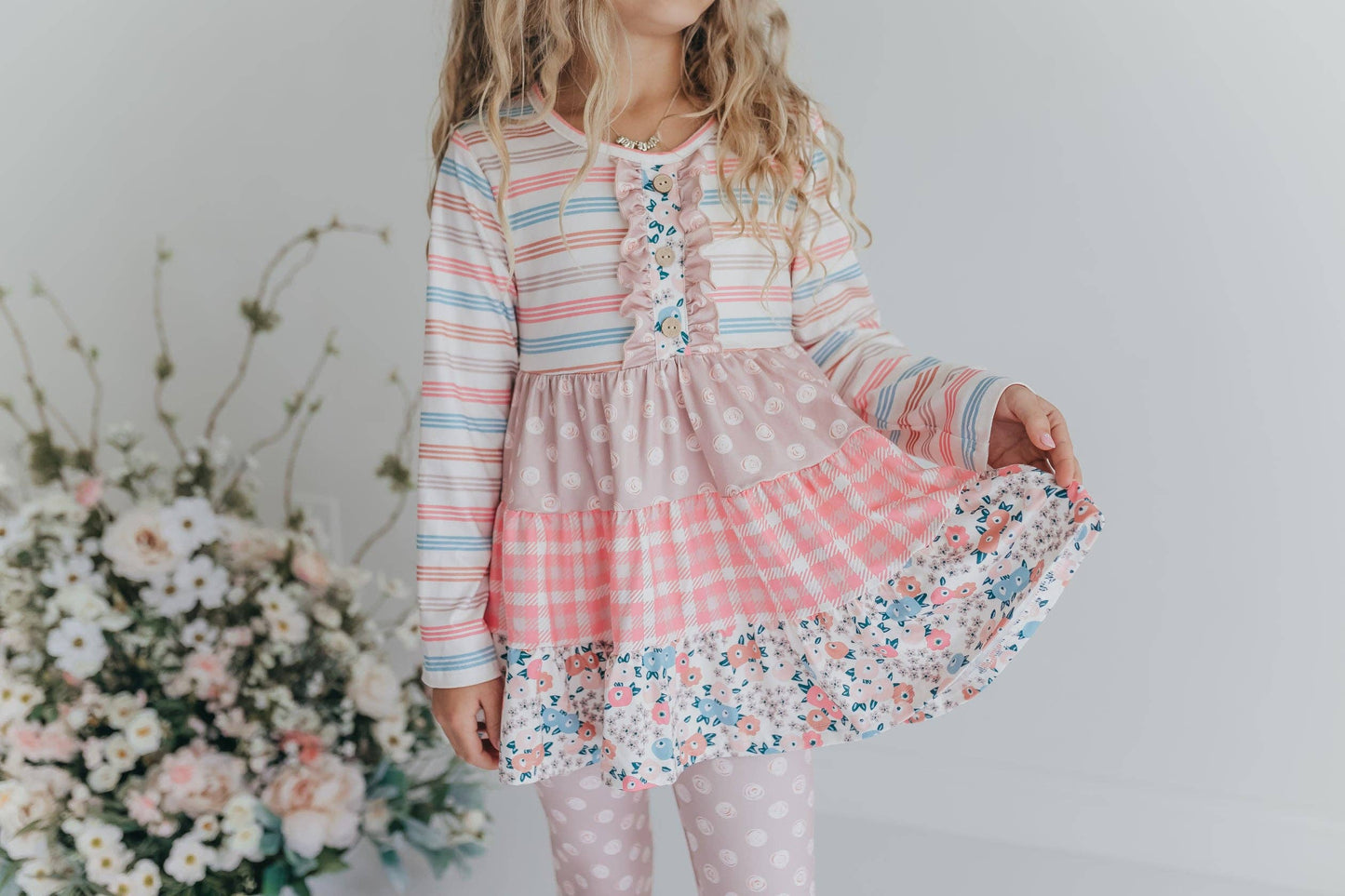 Girls Sand Floral 3 Tiered Fall Ruffle Button Legging Set