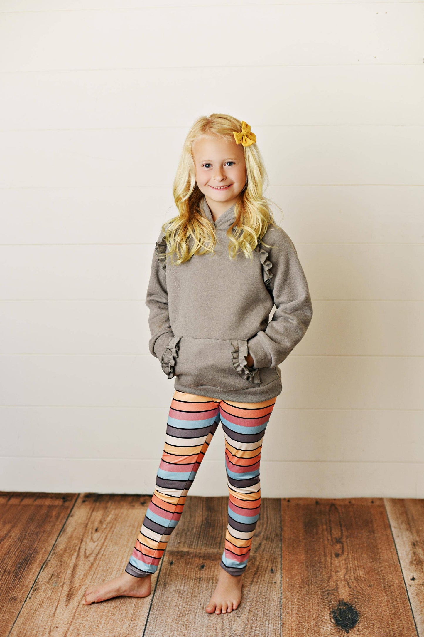 Kids Gray Ruffle Hoodie and Rainbow Stripe Leggings Fall Set