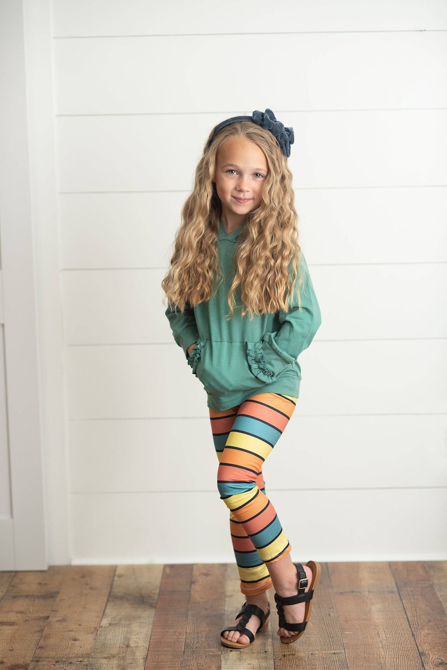 Kids Sage Ruffle Hoodie and Rainbow Stripe Leggings Fall Set
