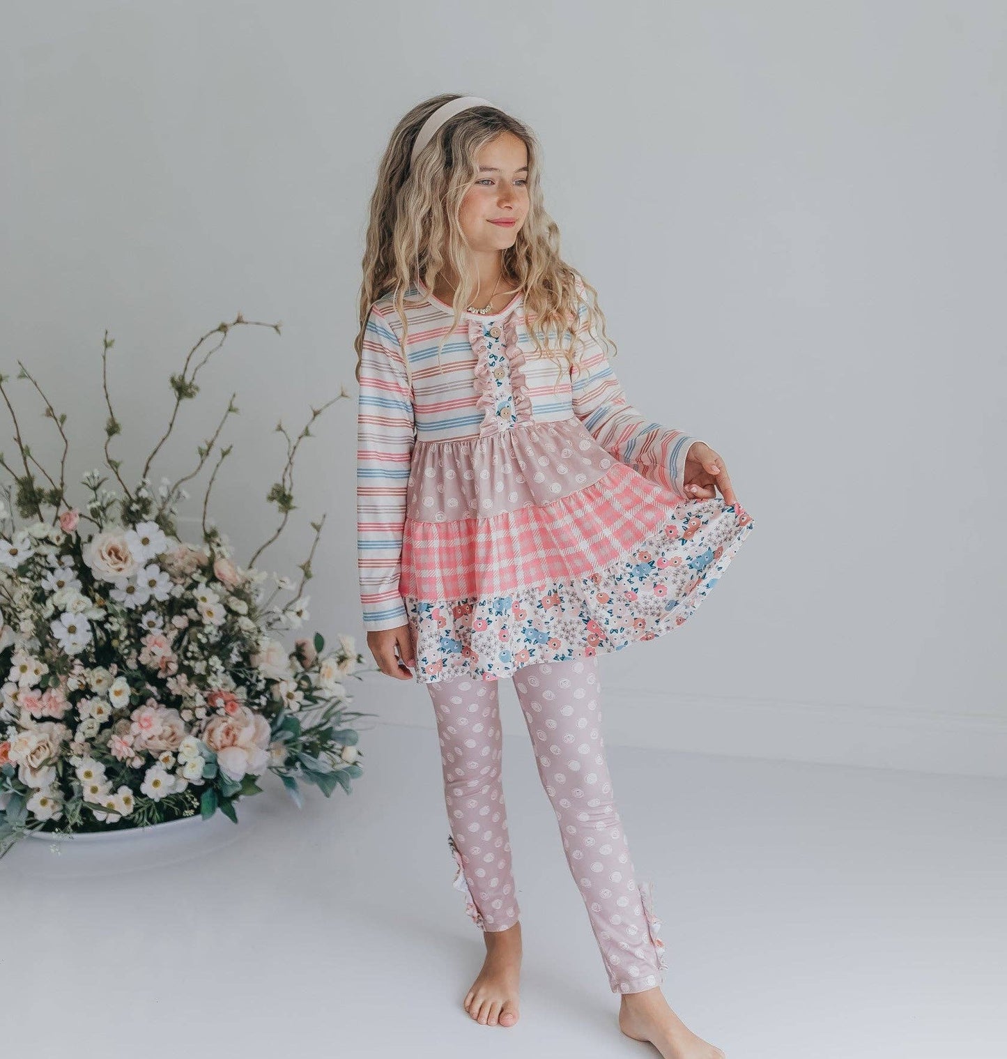 Girls Sand Floral 3 Tiered Fall Ruffle Button Legging Set