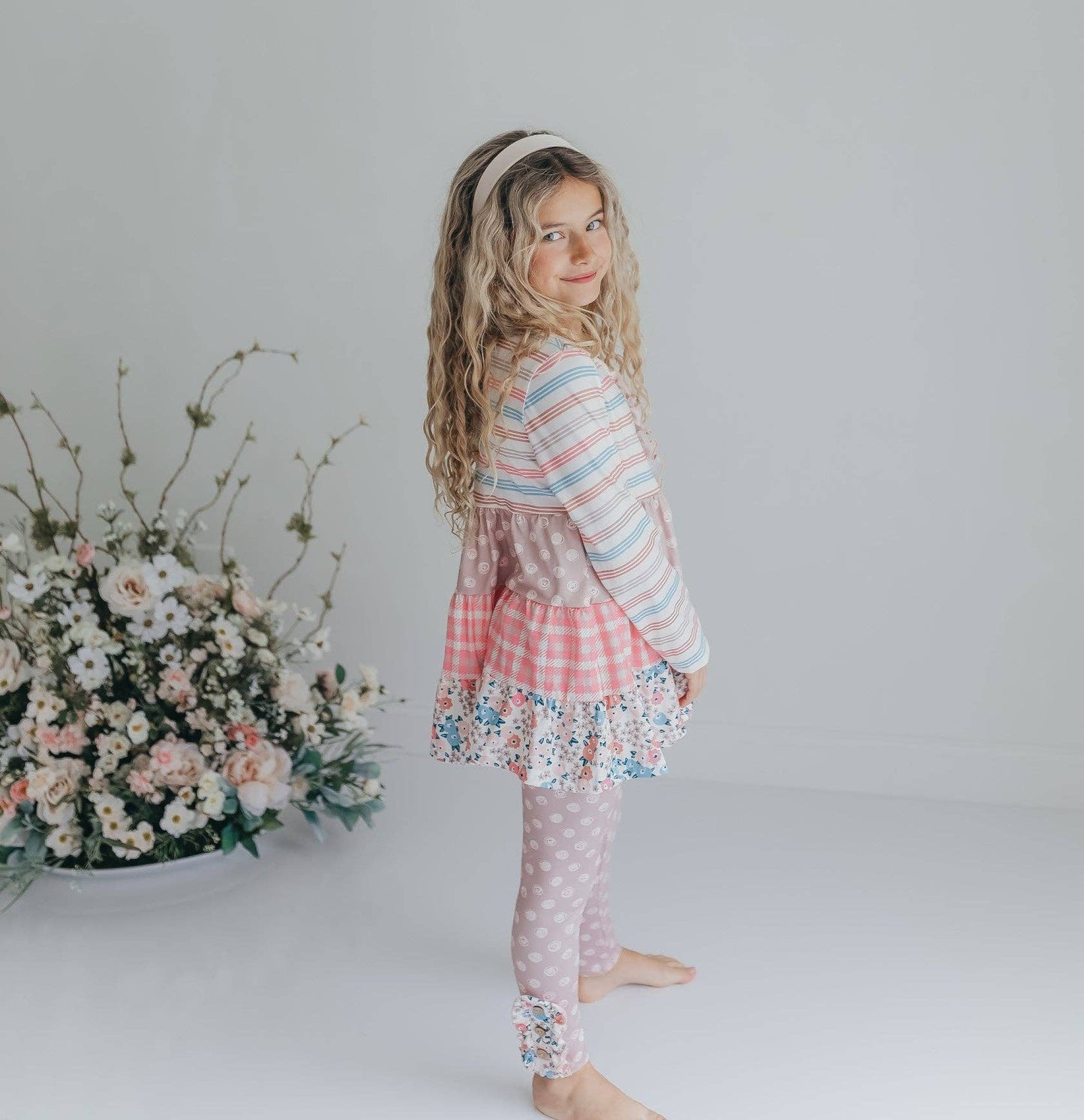 Girls Sand Floral 3 Tiered Fall Ruffle Button Legging Set
