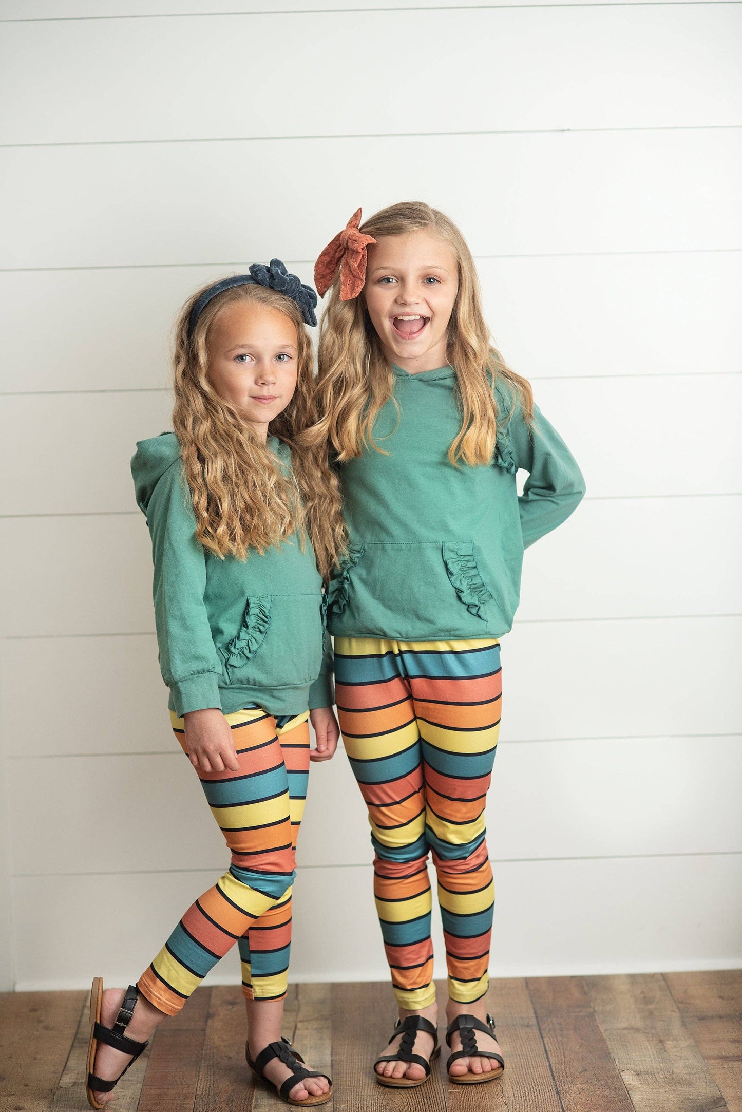 Kids Sage Ruffle Hoodie and Rainbow Stripe Leggings Fall Set