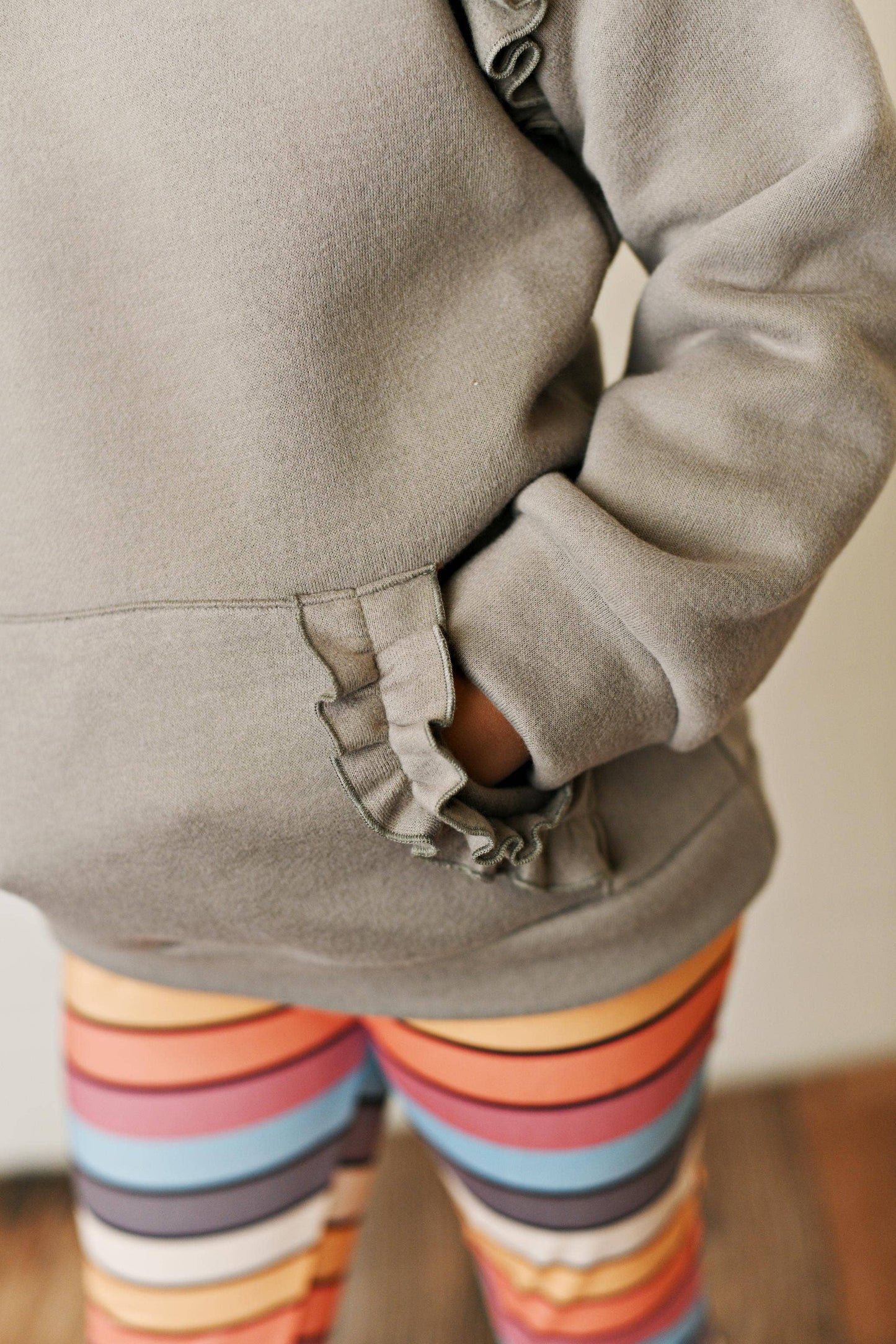 Kids Gray Ruffle Hoodie and Rainbow Stripe Leggings Fall Set