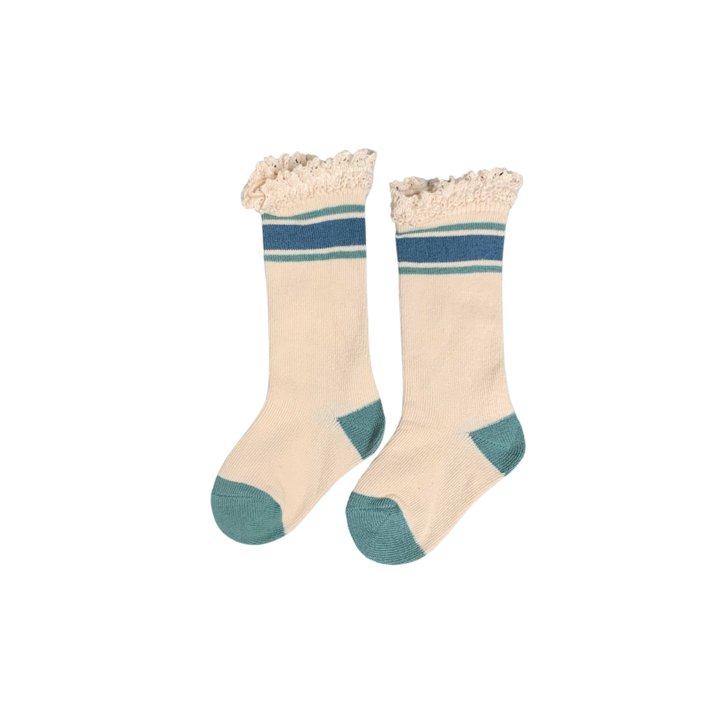 Vanilla with French Blue & Pacific Blue Stripes Fancy Knee High Socks