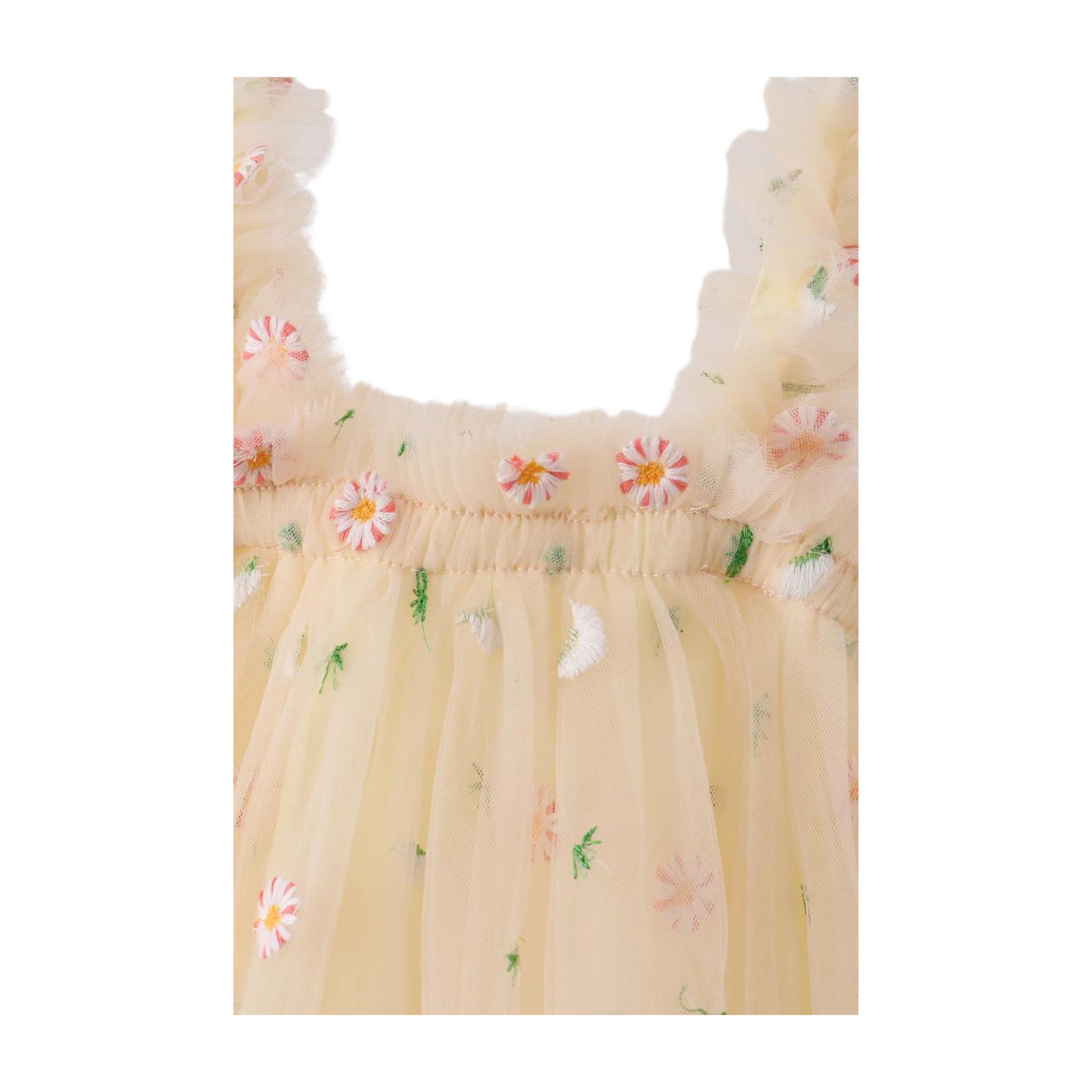 Mustard Strap Daisy Embroidery Tulle Dress