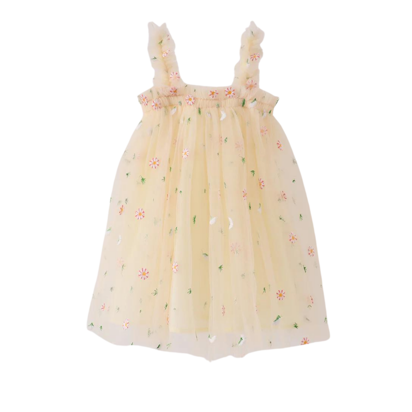 Mustard Strap Daisy Embroidery Tulle Dress