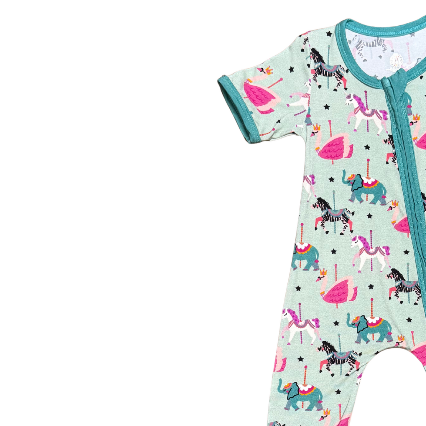 Carousel Animals Bamboo Romper (Mint, SS)