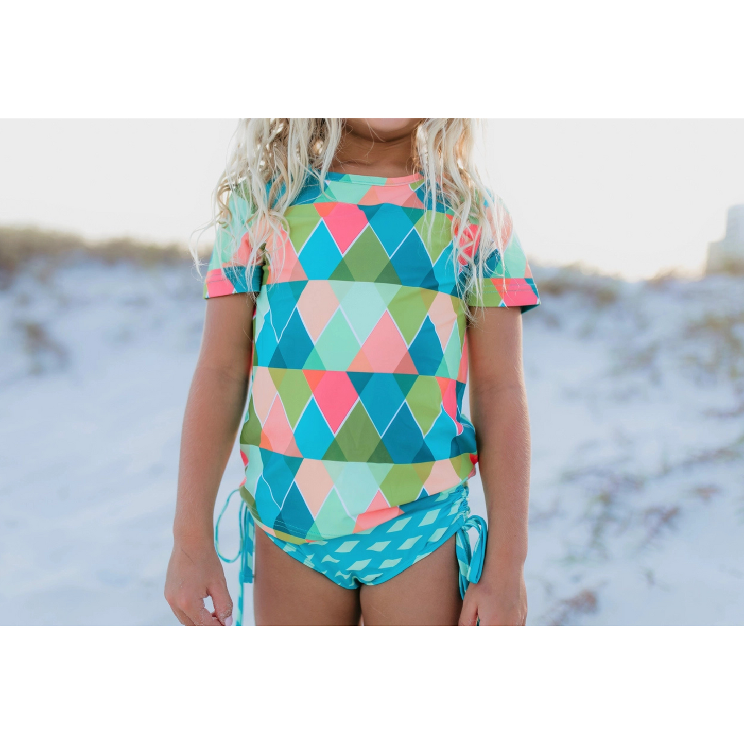 Kids Teal Peach Diamond Rash Guard Swimsuit