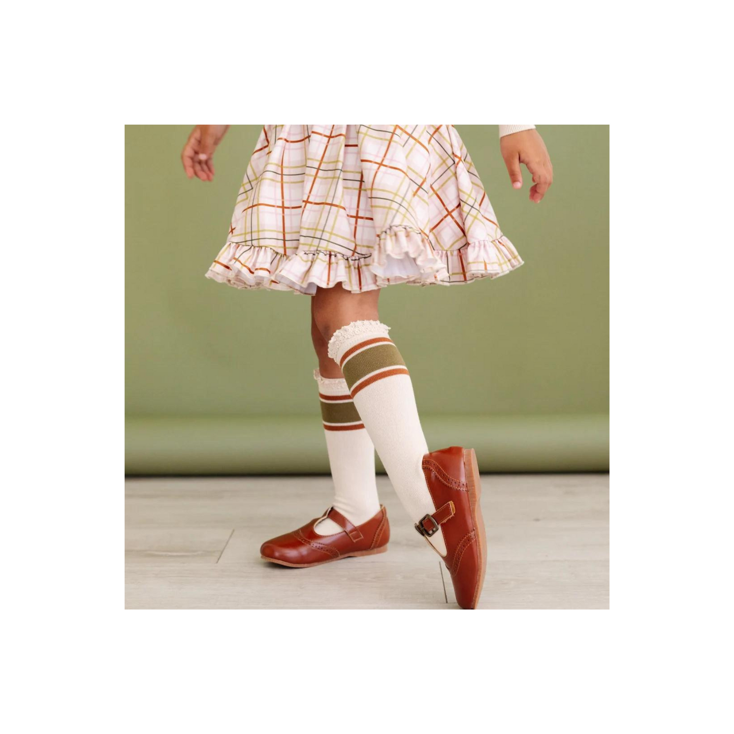 Vanilla with Olive & Sugar Almond Stripes Fancy Knee High Socks