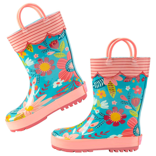 Turquoise Floral All Over Print Rain Boots