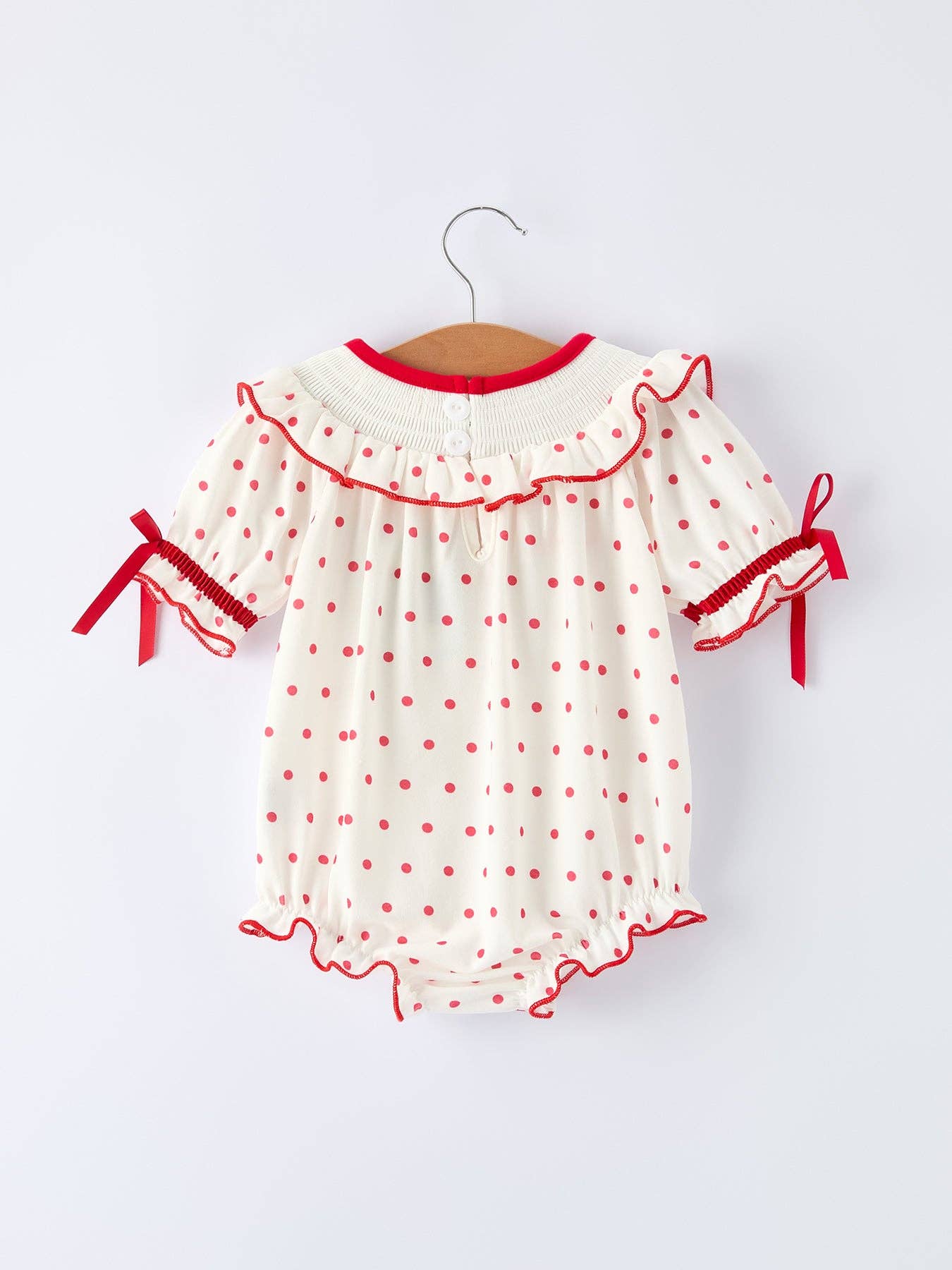 Valentine's Day Polka Dot Romper with Smocking Embroidery