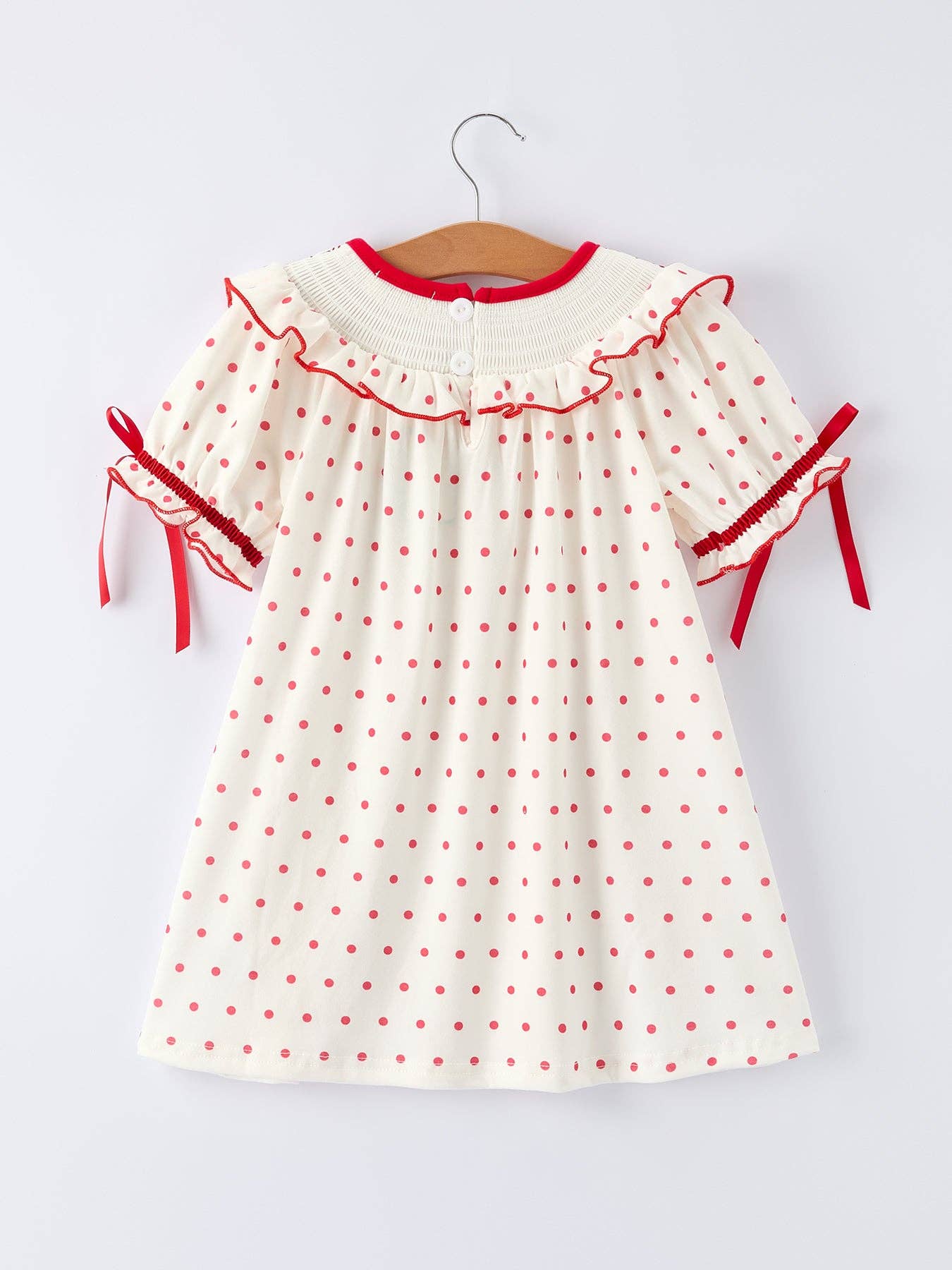 Valentine's Day Polka Dot Girls' Dress with Smocking Embroidery