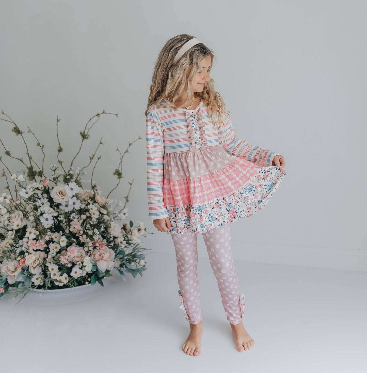 Girls Sand Floral 3 Tiered Fall Ruffle Button Legging Set