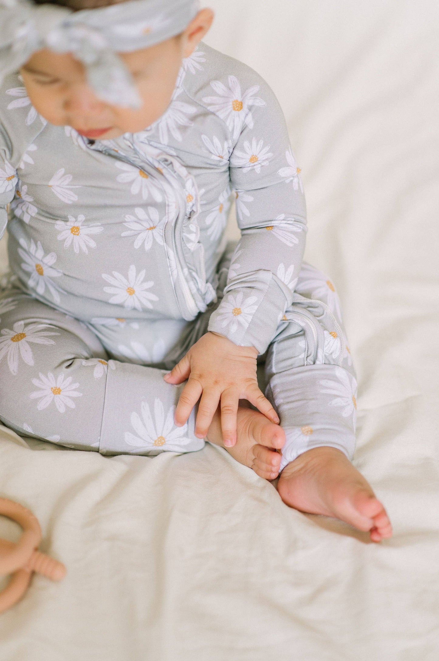 Sage Daisies Ruffle Baby Bamboo Romper