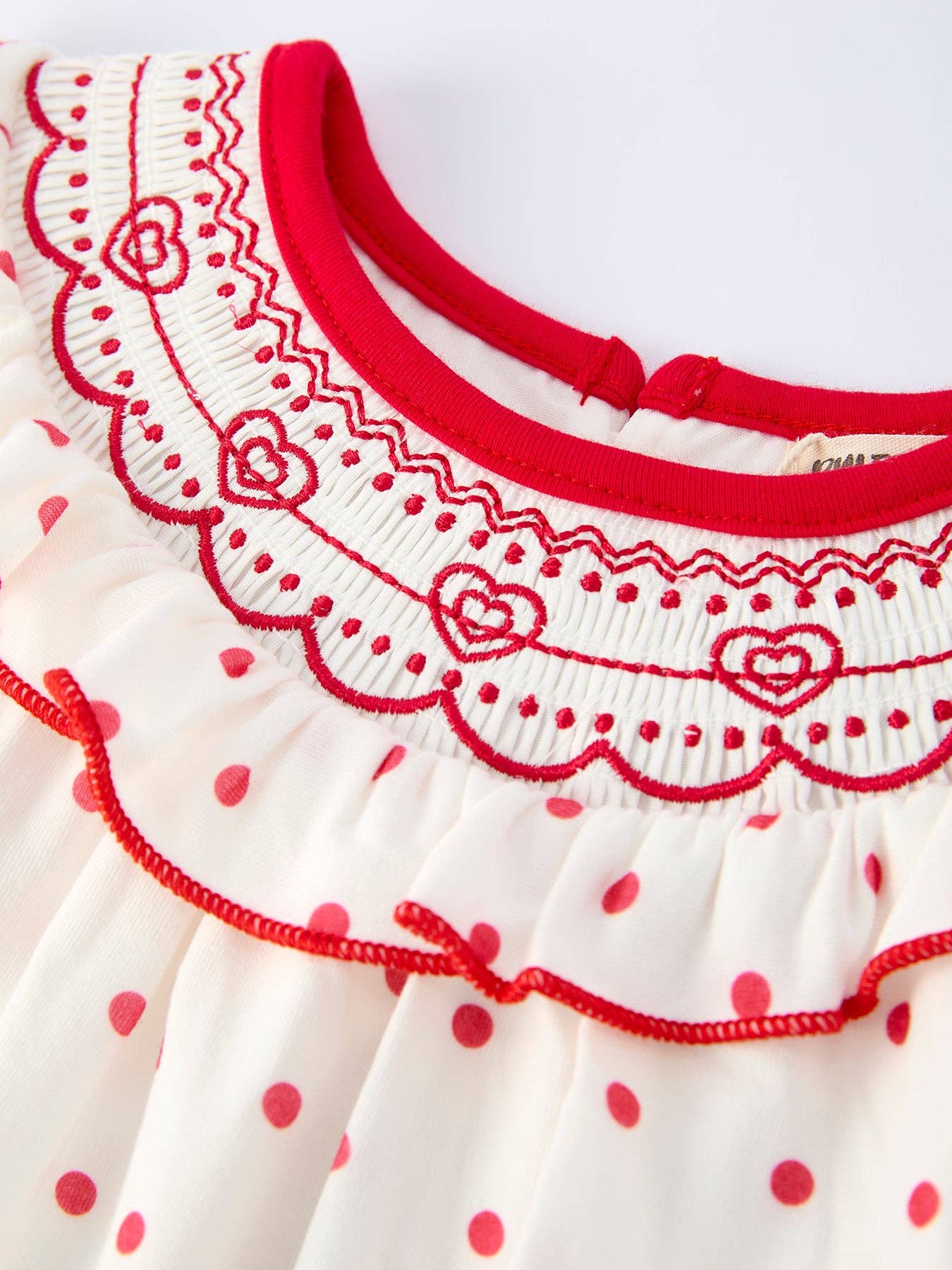 Valentine's Day Polka Dot Romper with Smocking Embroidery