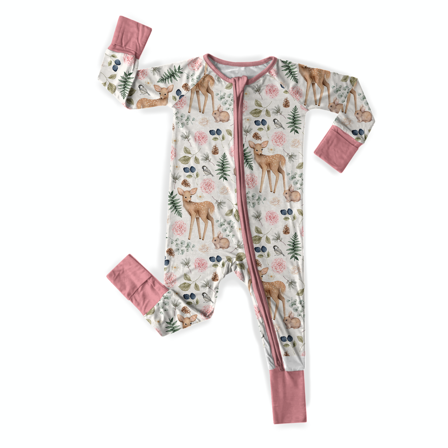 Pink Woodland Deer Bamboo Zipper Romper