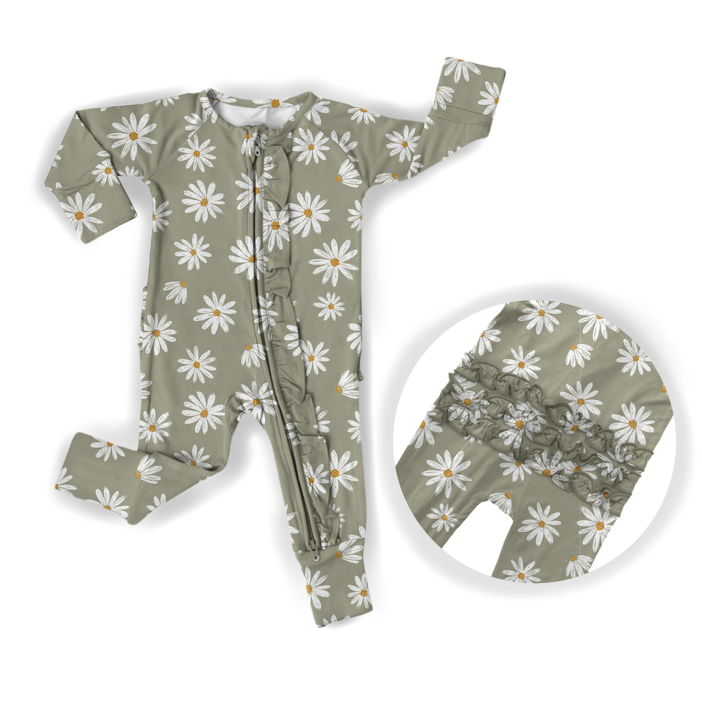 Sage Daisies Ruffle Baby Bamboo Romper