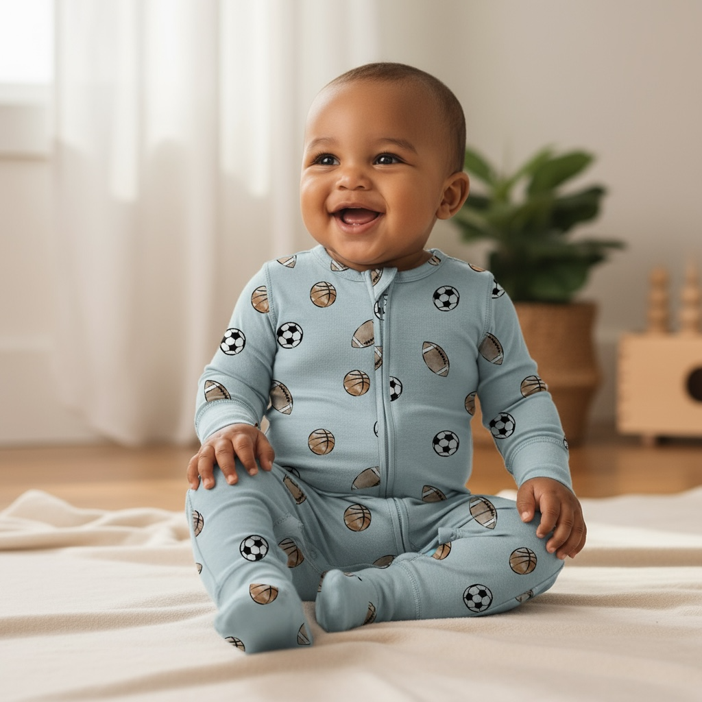 Blue Sports Bamboo Zipper Romper