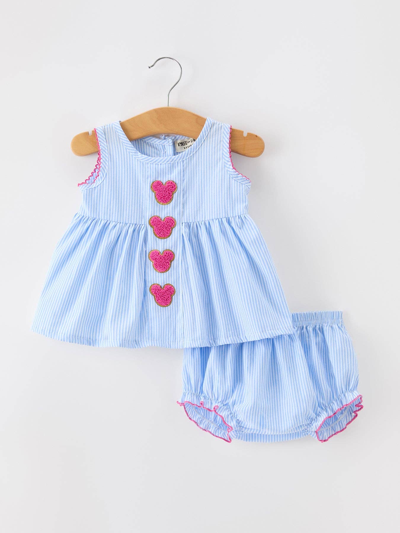 Blue Striped Girls Top Bloomer Set Chenille Patch Ruffle