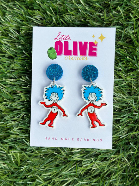 Whimsical Dr. Seuss Thing 1 and Thing 2 Dangle Earrings