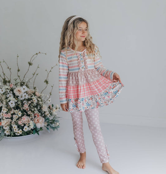 Girls Sand Floral 3 Tiered Fall Ruffle Button Legging Set