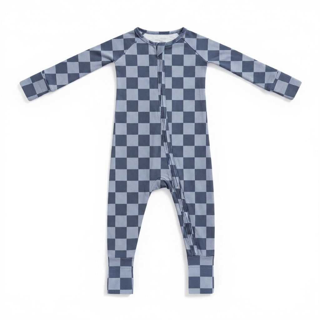 Blue Checker Bamboo Zipper Romper