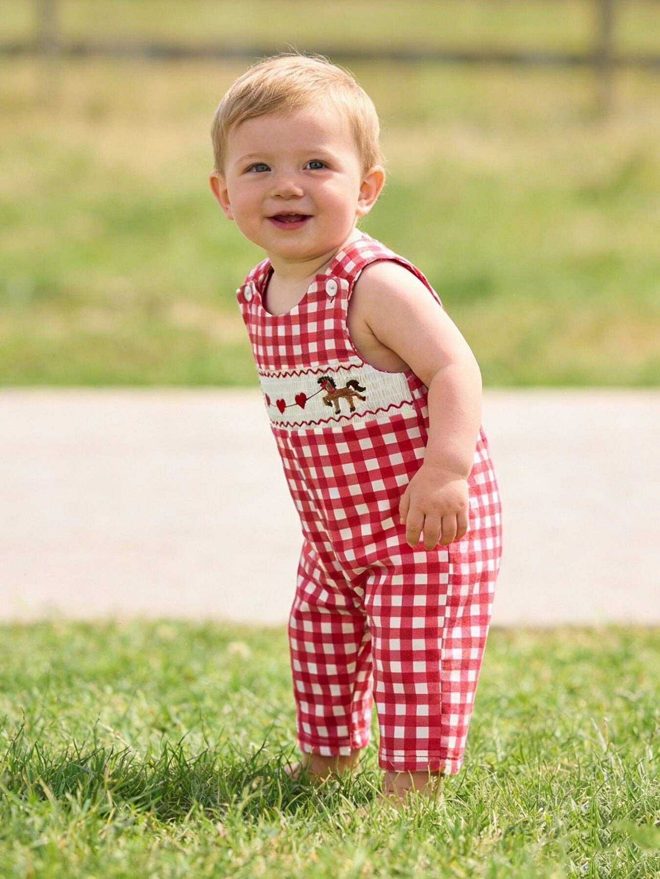 Valentine's Day Plaid Heart Embroidered Boys' Romper
