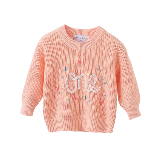 Pink Hand-Embroidery One & Two Pullover Sweater