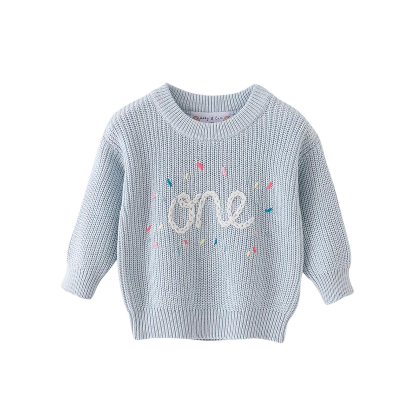 Blue Hand-Embroidery One & Two Pullover Sweater