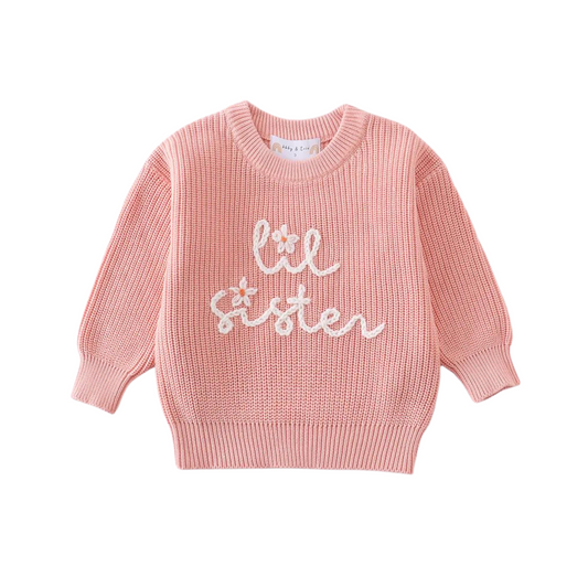 Pink Lil Sister Hand-Embroidered Pullover Sweater