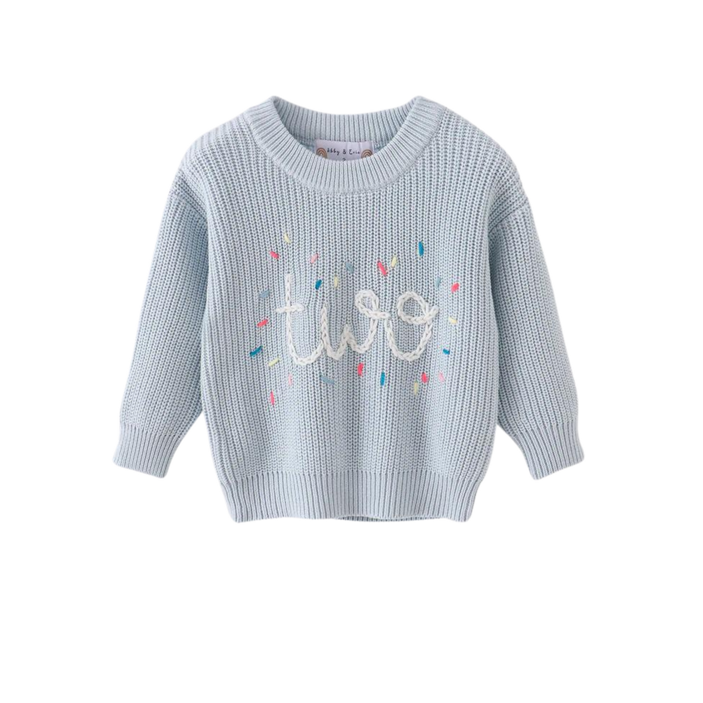 Blue Hand-Embroidery One & Two Pullover Sweater