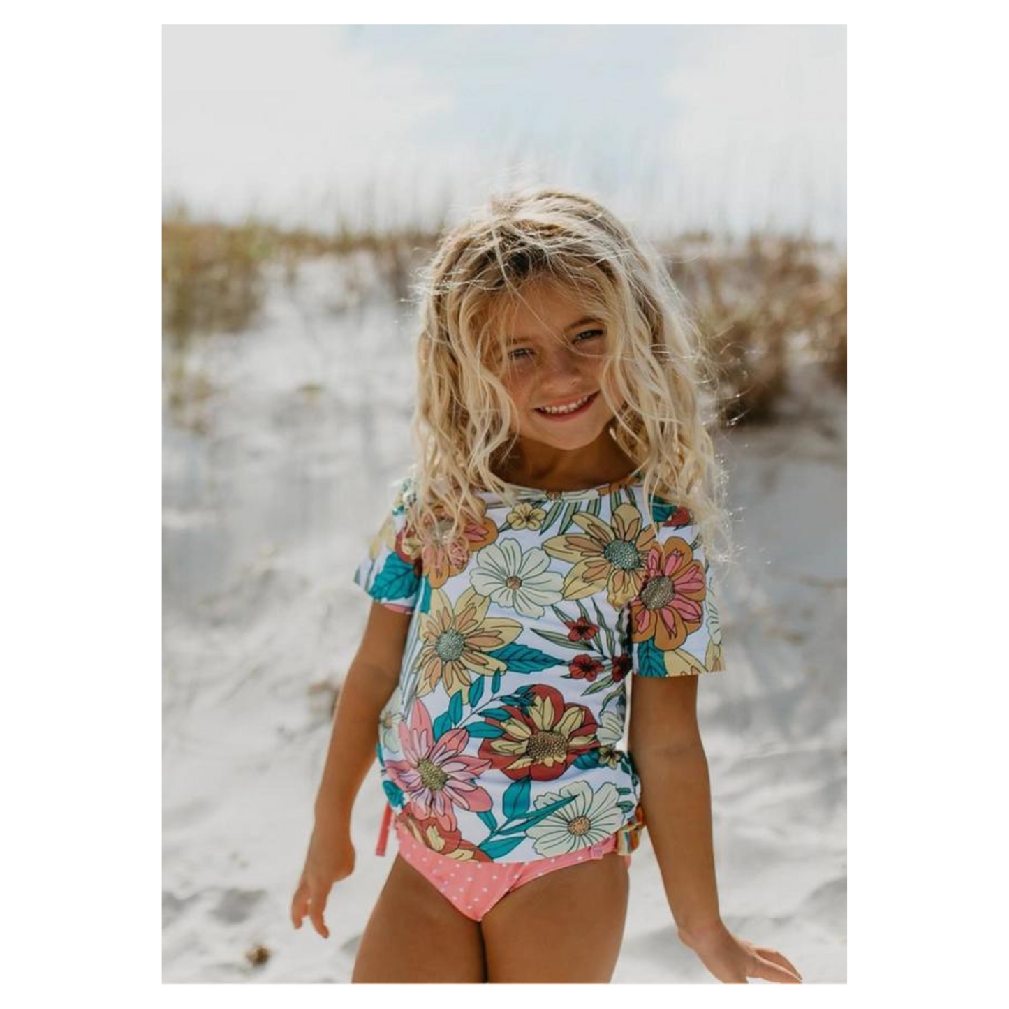 Kids Pink Tropical Rash Guard Ruffle Swimsuit