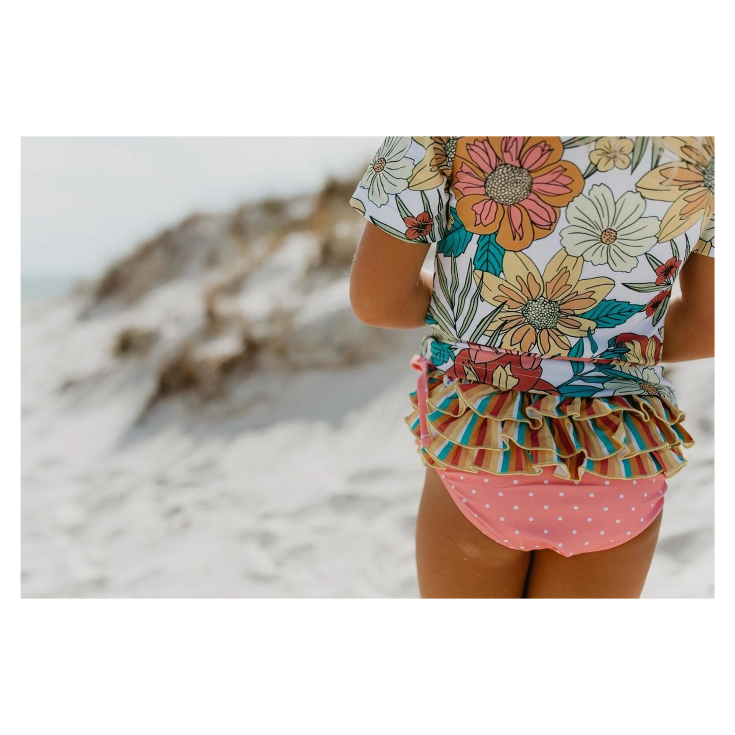 Kids Pink Tropical Rash Guard Ruffle Swimsuit