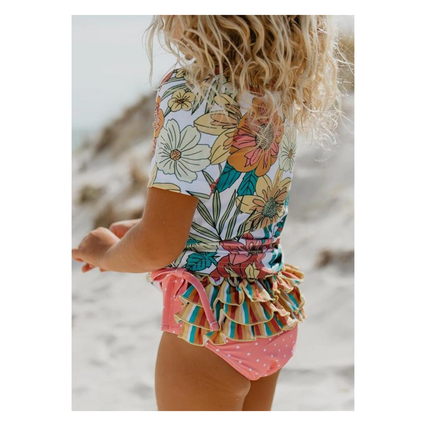 Kids Pink Tropical Rash Guard Ruffle Swimsuit