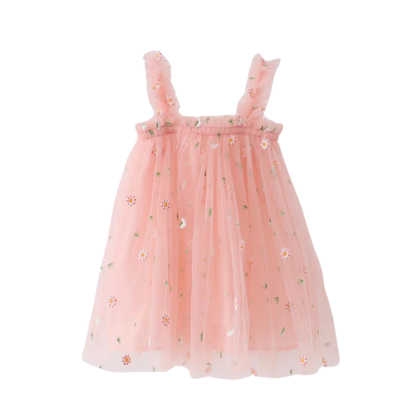 Pink Strap Daisy Embroidery Tulle Dress