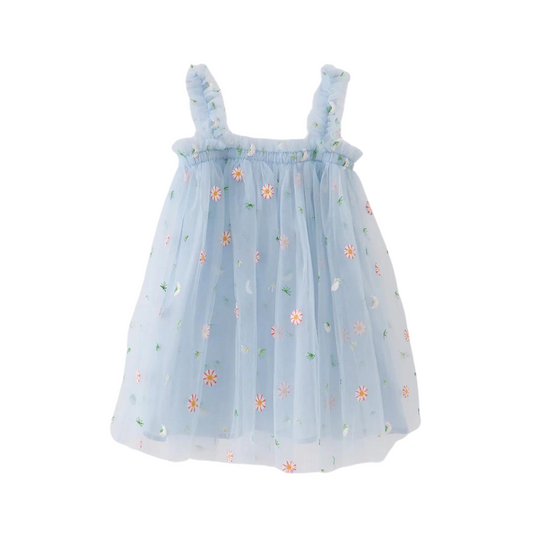 Blue Strap Daisy Embroidery Tulle Dress