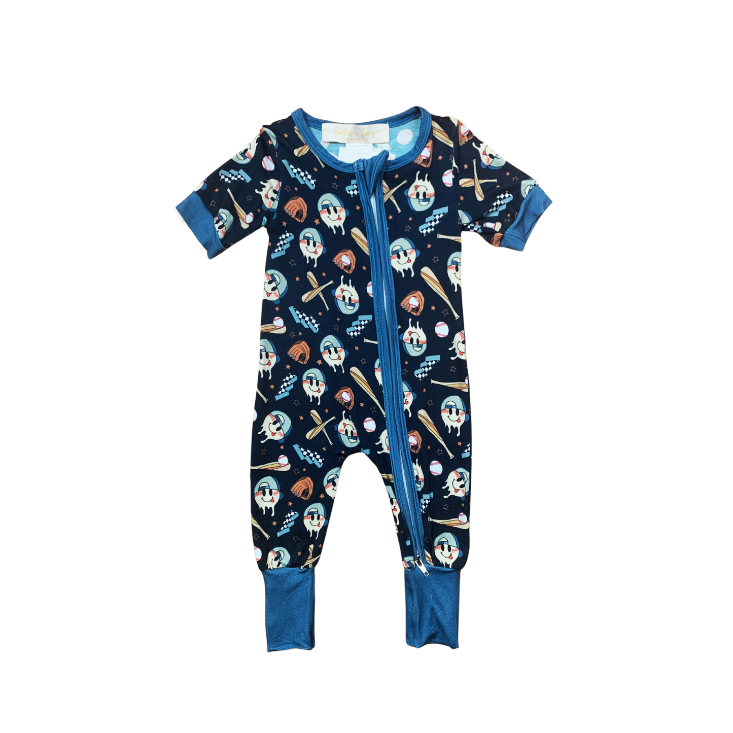 Baseball Buddies Bamboo Romper w/Fold Over Footies