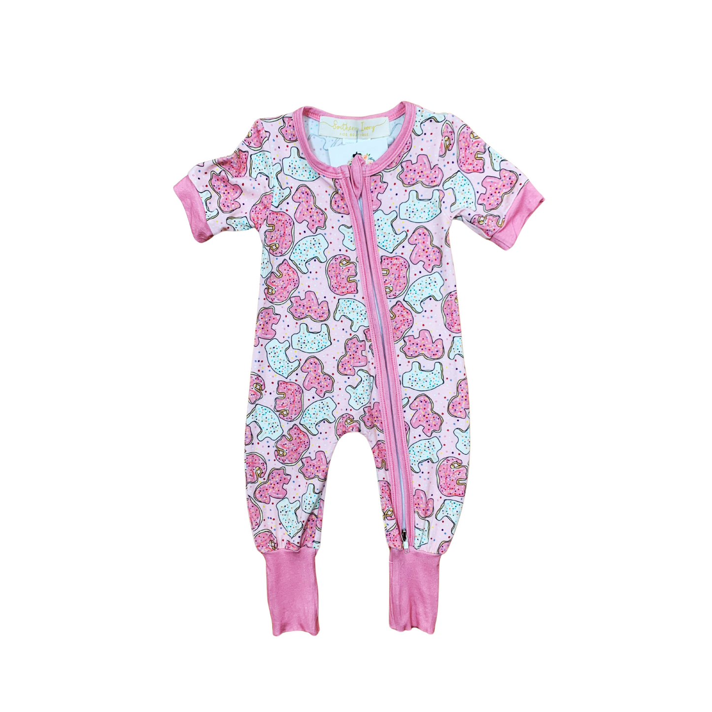 Animal Cookies Bamboo Romper w/Fold Over Footies (Pink)