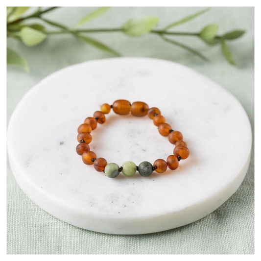 Green Jade + Raw Cognac Amber Bracelet