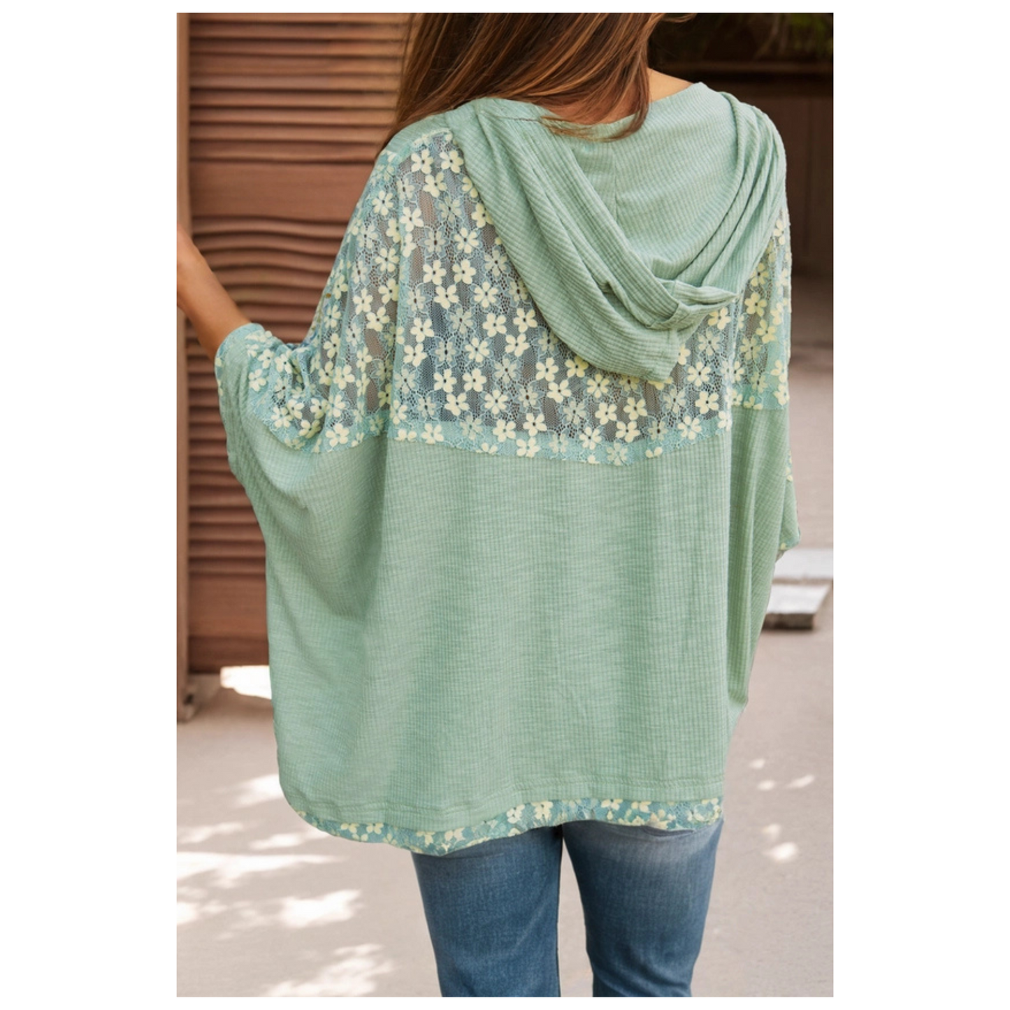 Ribbed Lace Floral Patchwork Batwing Sleeve Blouse