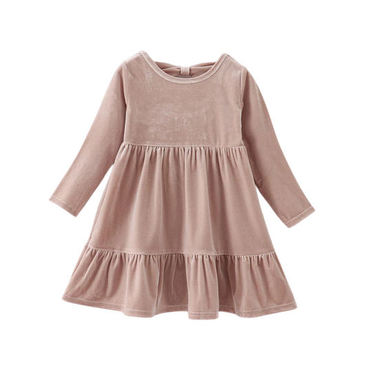 Beige Velvet Tiered Ruffle Dress