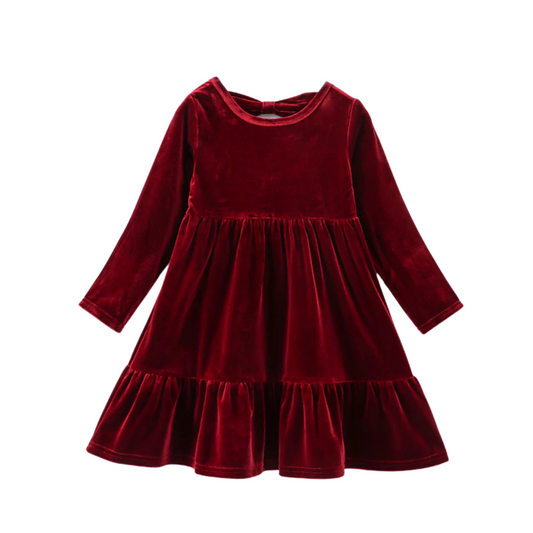 Maroon Velvet Tiered Ruffle Dress