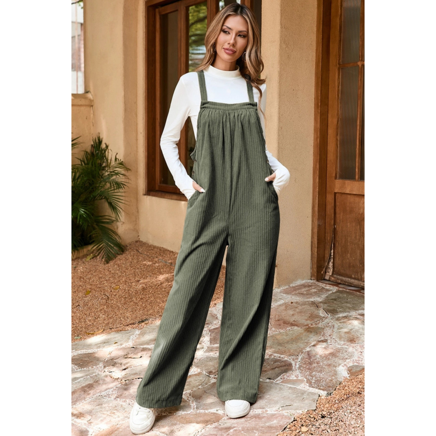 Solid Pocketed Loose Fit Corduroy Overall (Jungle Green)