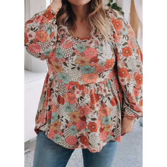 Flower Print Square Neck Peplum Blouse (Plus Size)