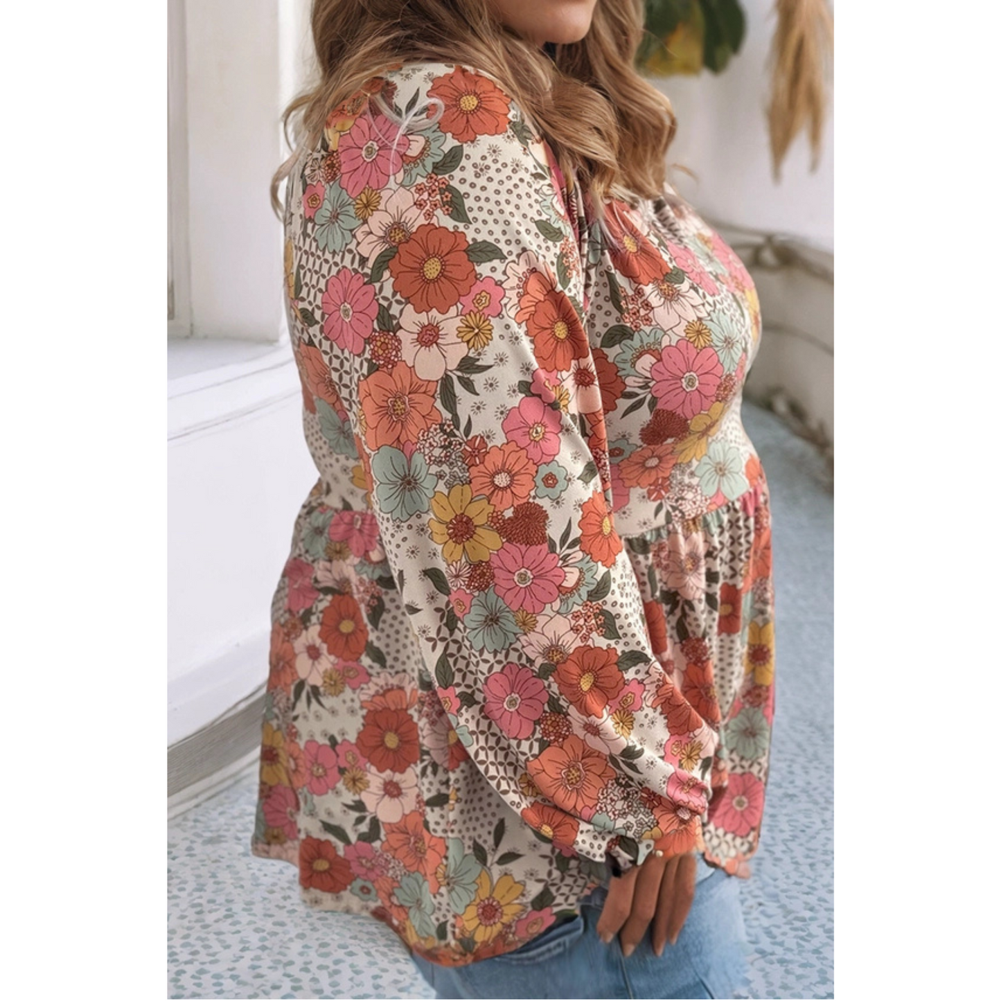 Flower Print Square Neck Peplum Blouse (Plus Size)