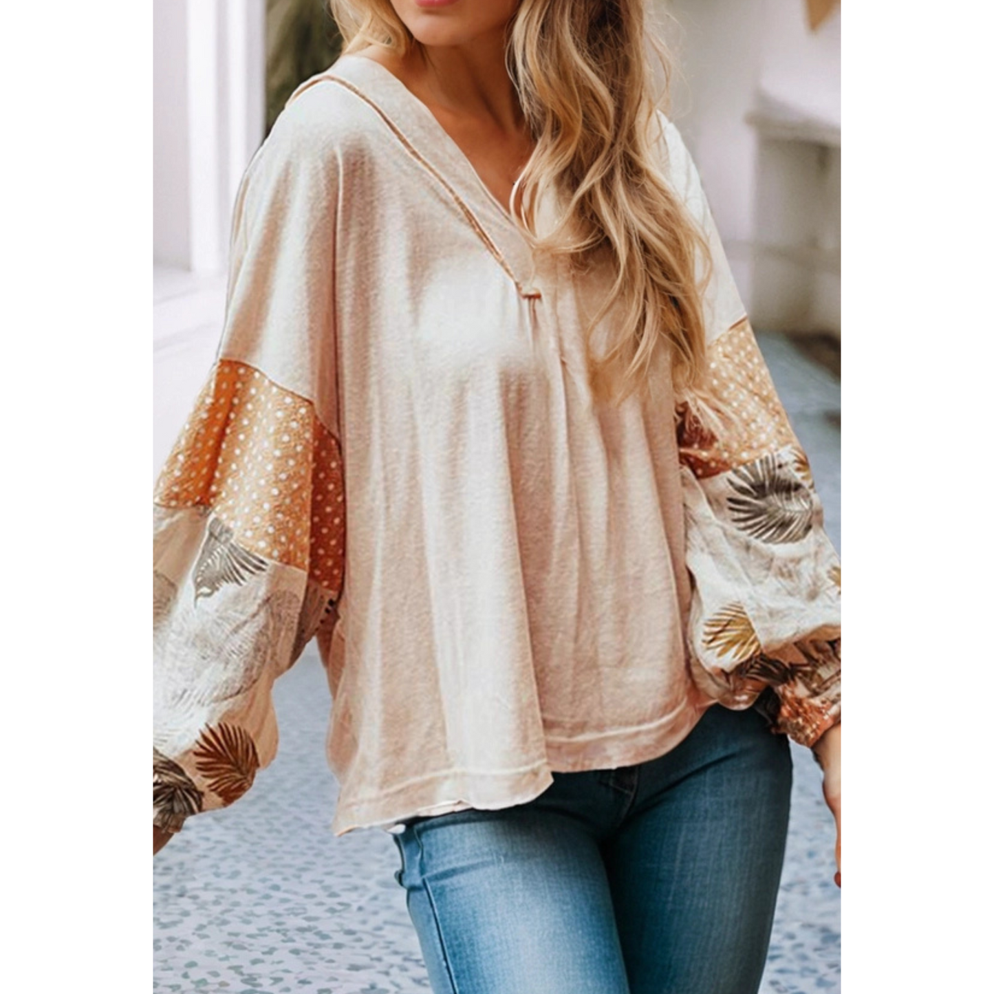 Polka Dot Puff Sleeve Patchwork V Neck Loose Blouse