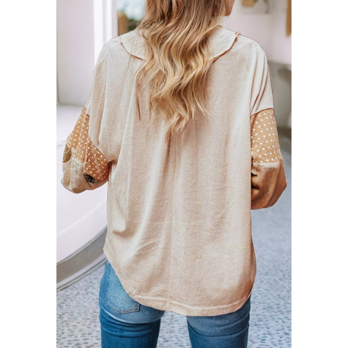 Polka Dot Puff Sleeve Patchwork V Neck Loose Blouse