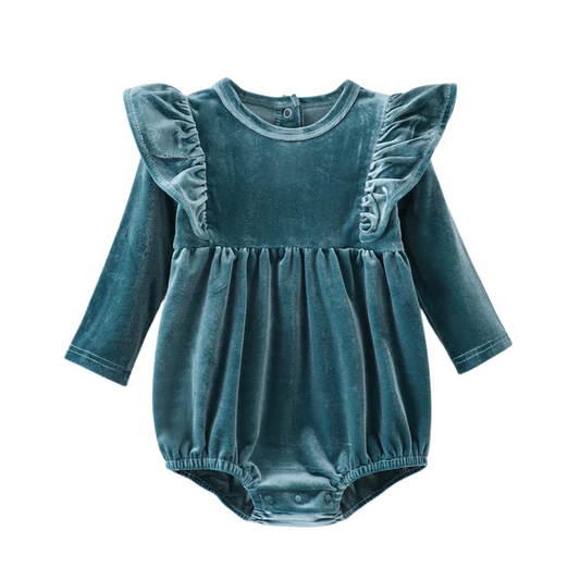 Teal Velvet Ruffle Romper